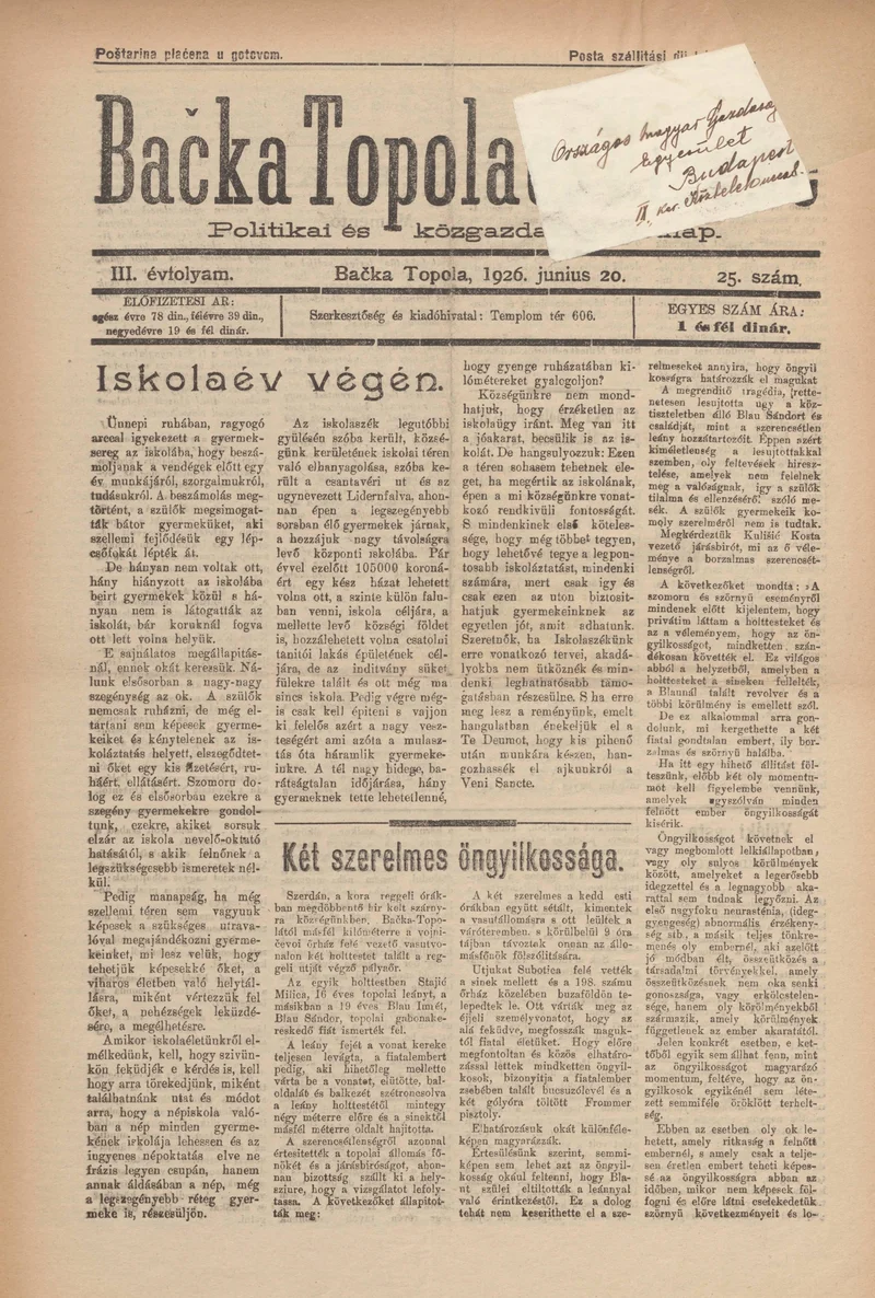 Bačka Topola és Vidéke, 3. évf. 1926. június 20. 25. sz.
