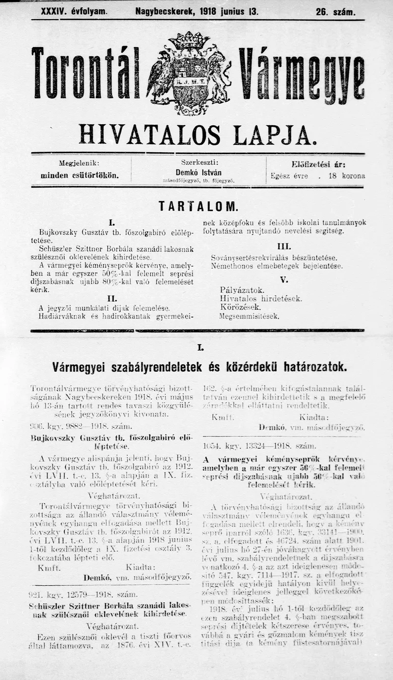 Torontál Vármegye Hivatalos Lapja, 34. évf. 1918. június 13. 26. sz.