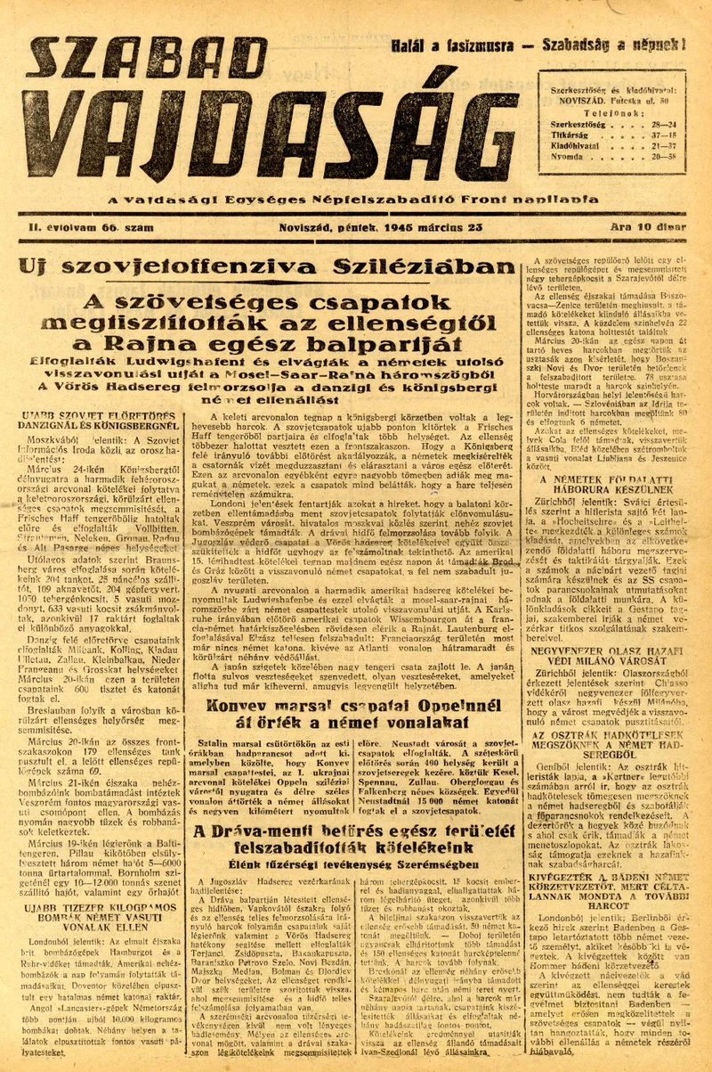 Szabad Vajdaság, 2. évf. 1945. március 23. 66. sz.