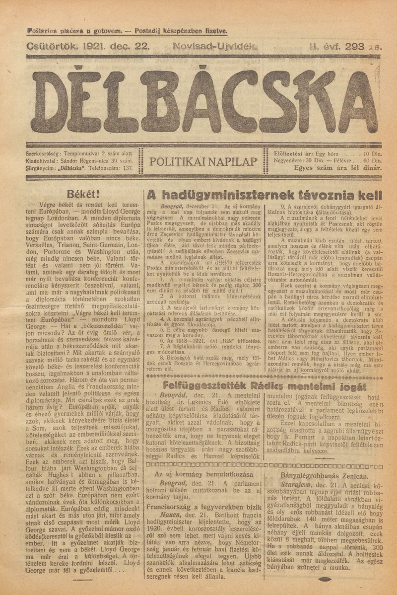 Délbácska, 2. évf. 1921. december 22. 293. sz.