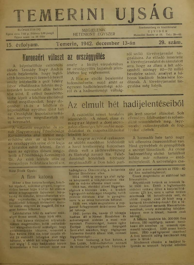 Temerini Újság 1928-1944, 15. évf. 1942. december 13. 29. sz.