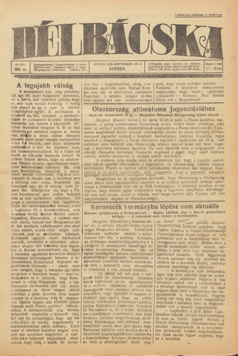 Délbácska, 4. évf. 1923. szeptember 12. 209. sz.