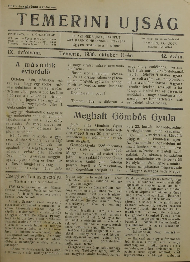 Temerini Újság 1928-1944, 9. évf. 1936. október 11. 42. sz.