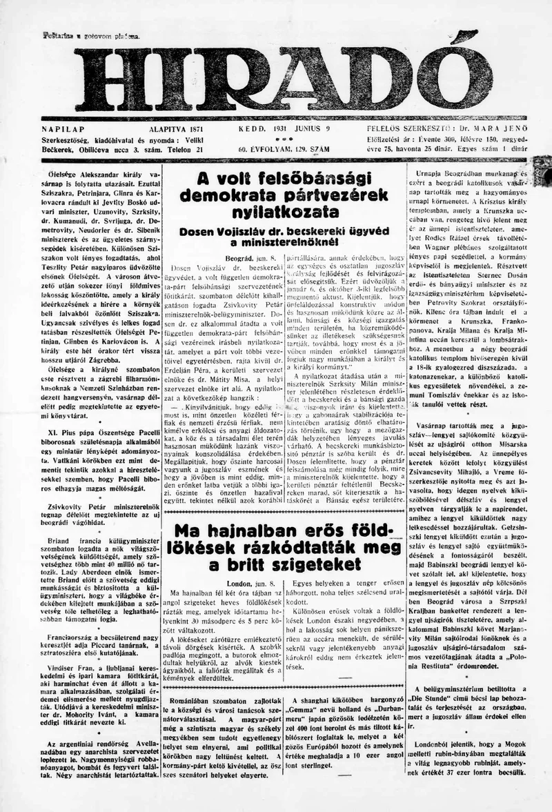 Híradó, 60. évf. 1931. június 9. 129. sz.