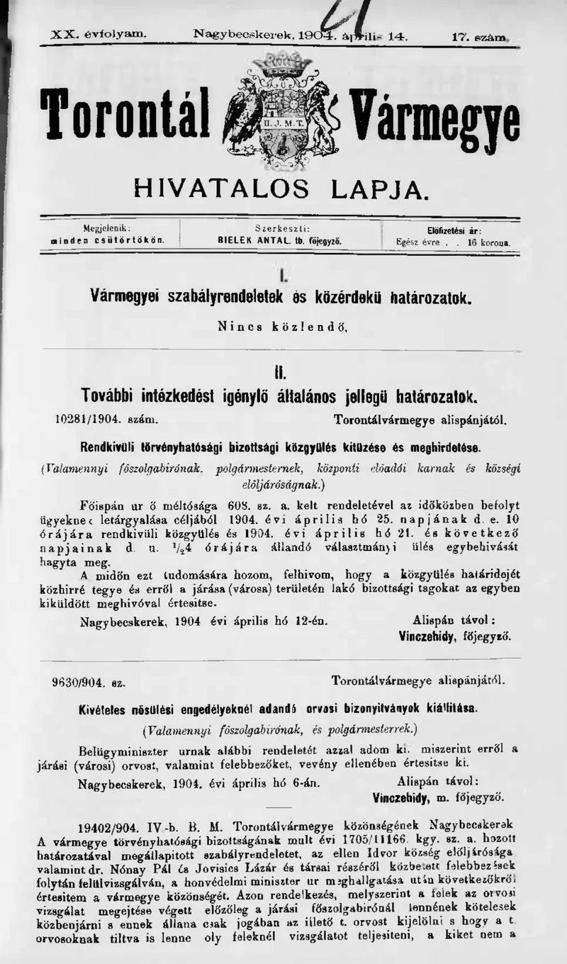 Torontál Vármegye Hivatalos Lapja, 20. évf. 1904. április 14. 17. sz.