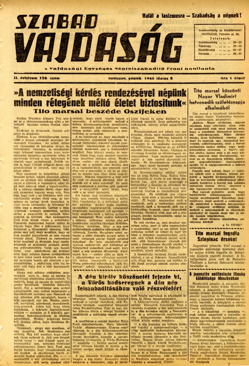 Szabad Vajdaság, 2. évf. 1945. június 8. 128. sz.