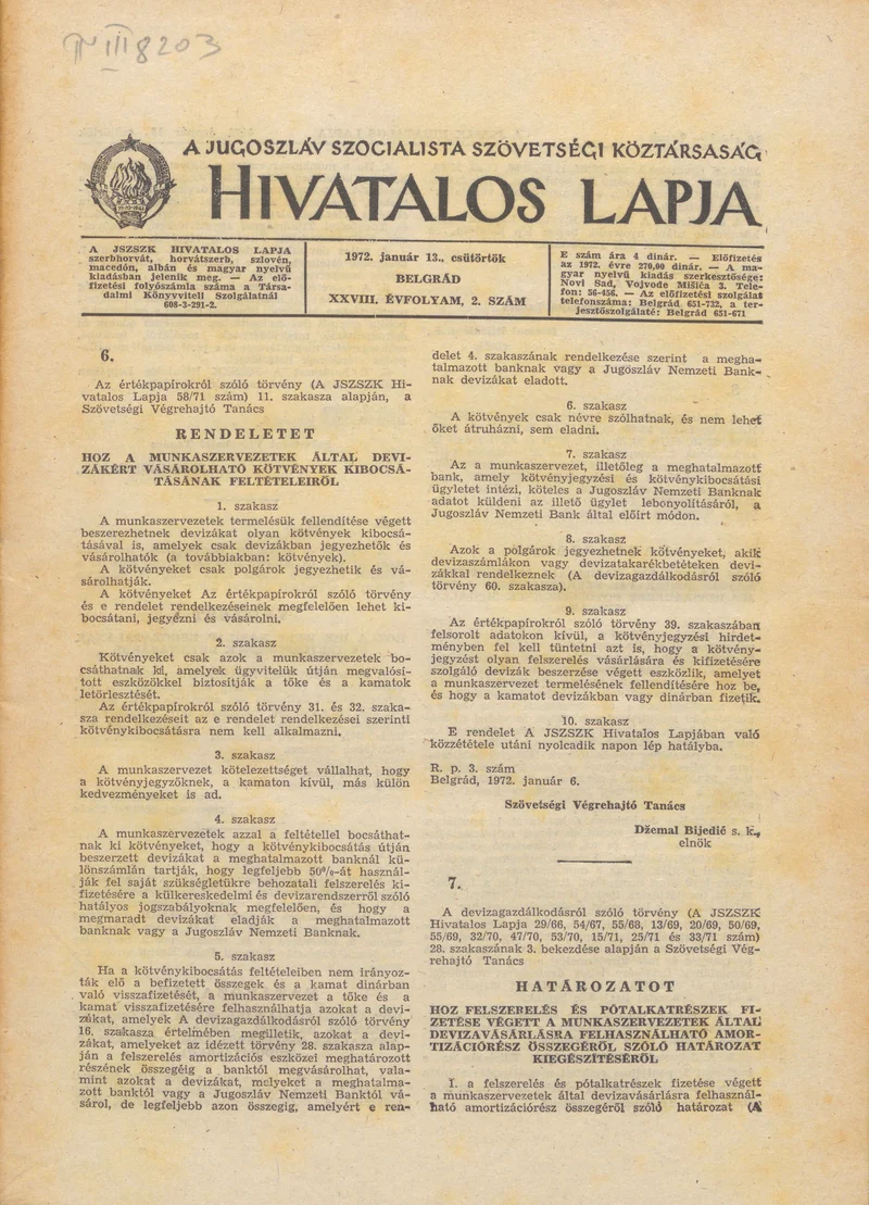 A Jugoszláv Szocialista Szövetségi Köztársaság Hivatalos Lapja, 28. évf. 1972. január 13. 2. sz. 17–28. oldal