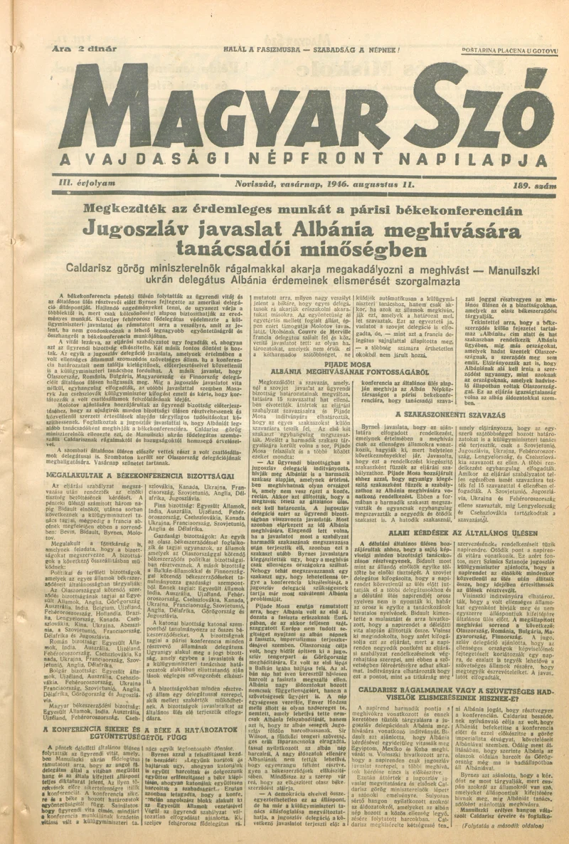 Magyar Szó, 3. évf. 1946. augusztus 11. 189. sz. 1–6. oldal