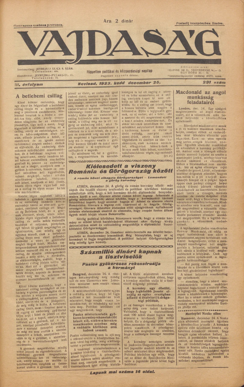 Vajdaság, 3. évf. 1923. december 25. 291. sz.