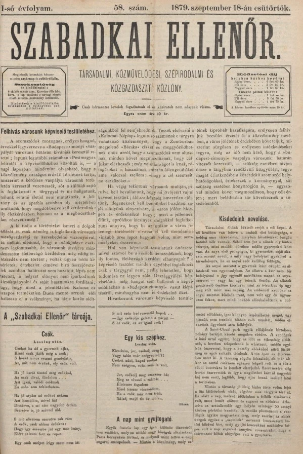 Szabadkai Ellenőr, 1. évf. 1879. szeptember 18. 58. sz.