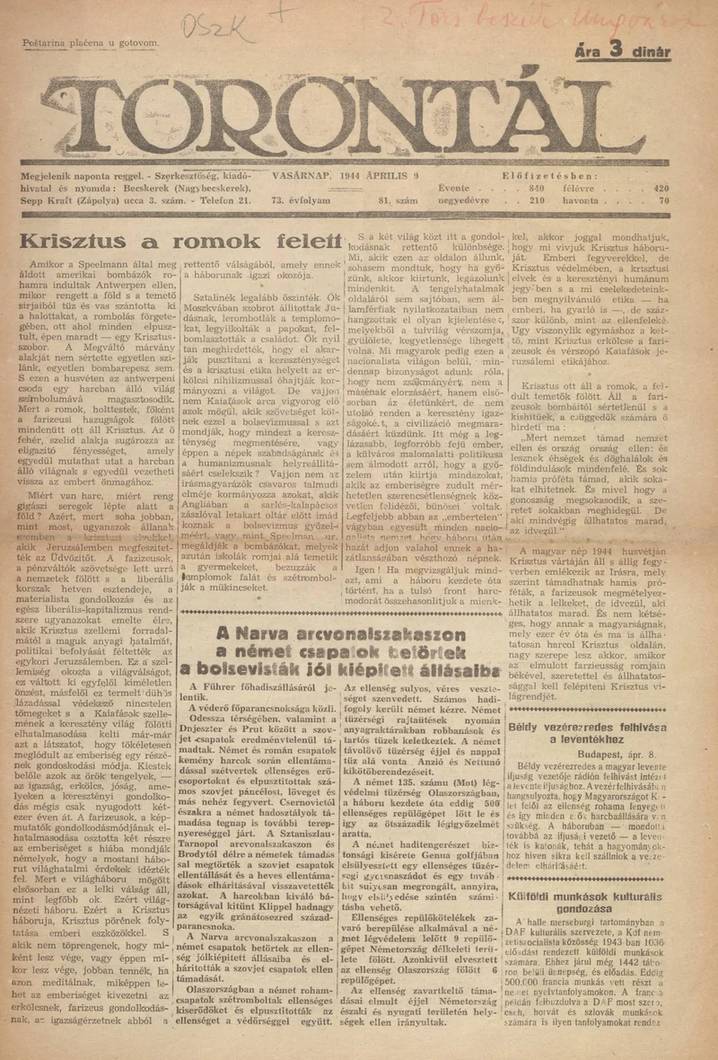 Torontál, 73. évf. 1944. április 9. 81. sz.