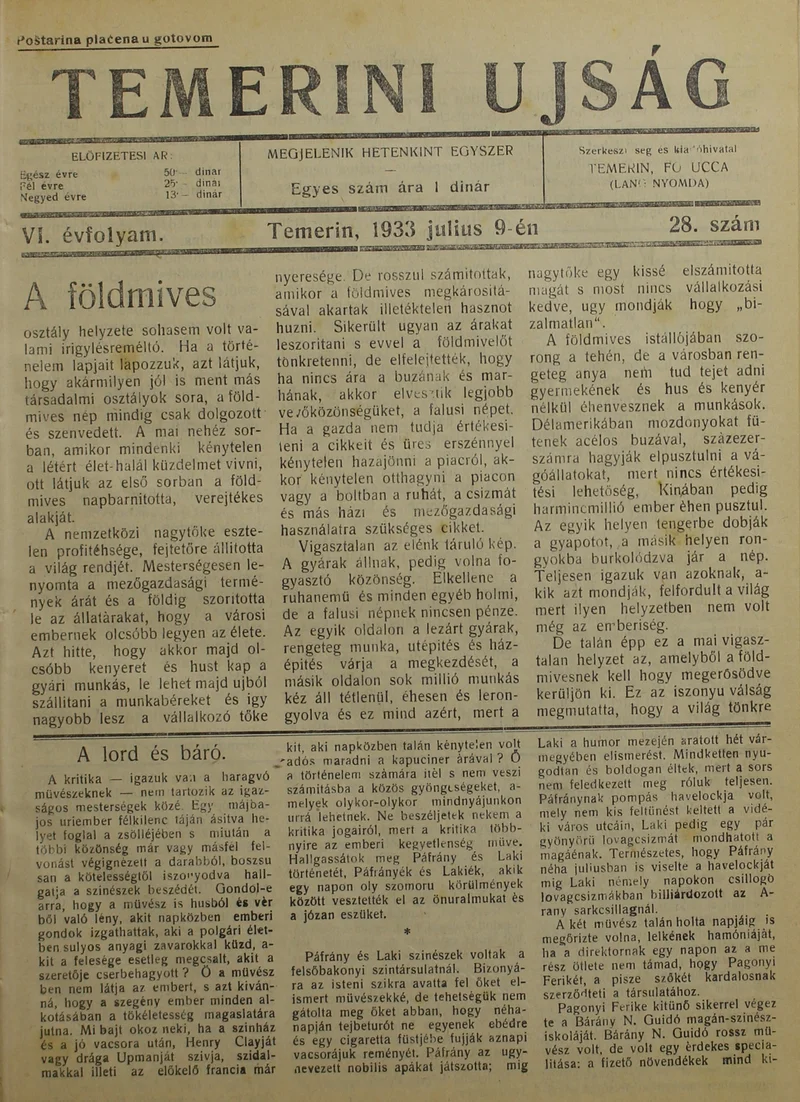 Temerini Újság 1928-1944, 6. évf. 1933. július 9. 28. sz.