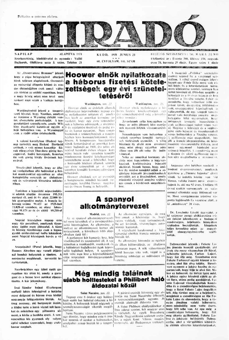 Híradó, 60. évf. 1931. június 23. 141. sz.