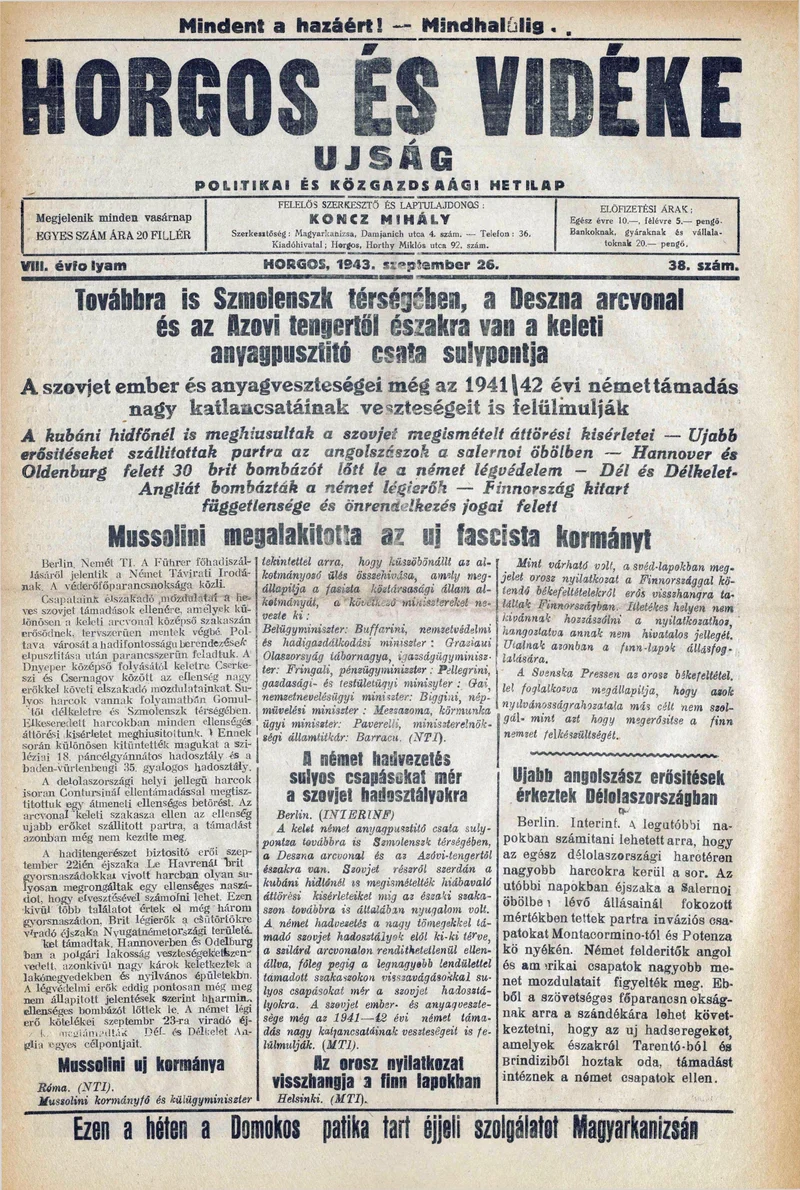 Horgos és vidéke, 8. évf. 1943. szeptember 26. 38. sz.