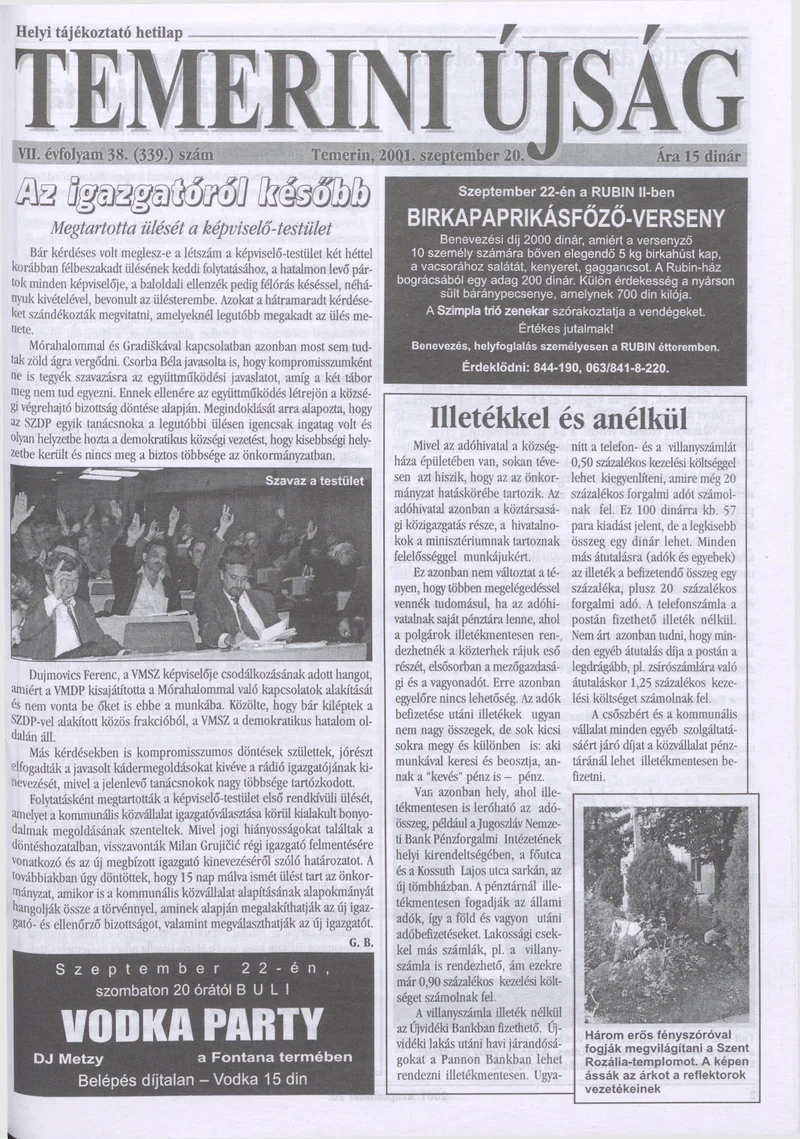 Temerini Újság, 7. évf. 2001. szeptember 20. 38. sz.