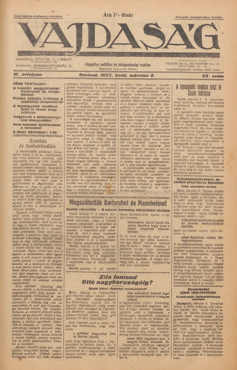 Vajdaság, 3. évf. 1923. március 6. 53. sz.