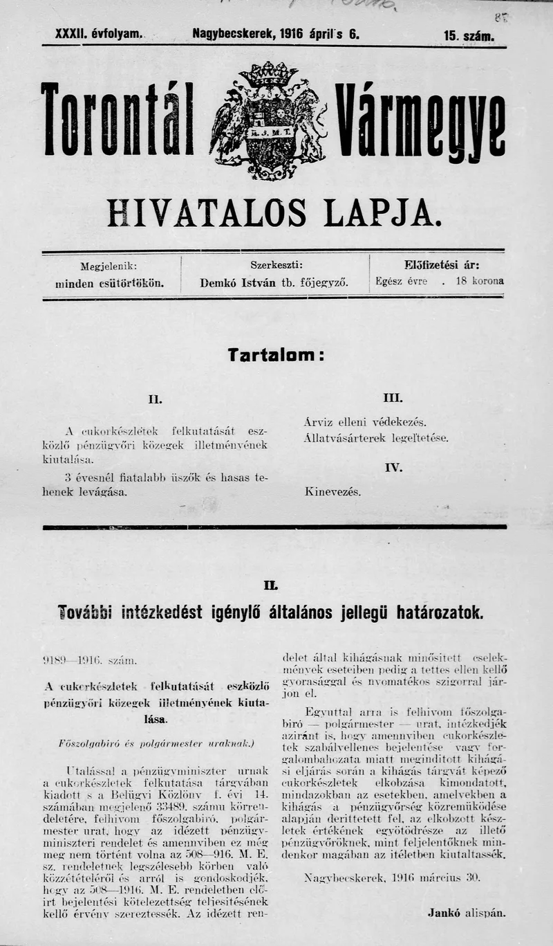 Torontál Vármegye Hivatalos Lapja, 32. évf. 1916. április 6. 15. sz.