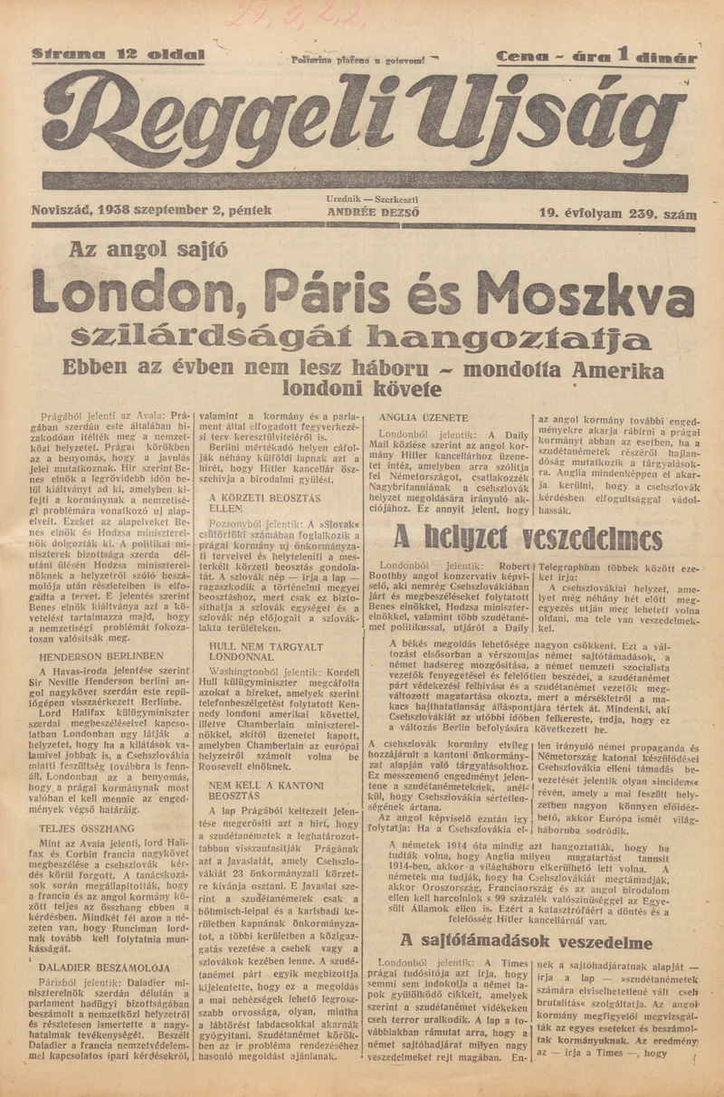 Reggeli Újság, 19. évf. 1938. szeptember 2. 239. sz.