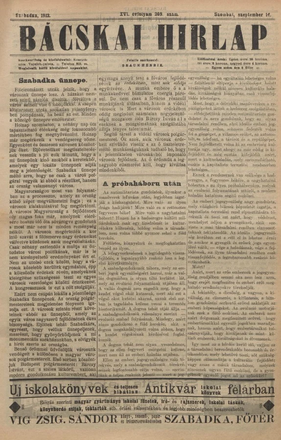 Bácskai Hirlap, 16. évf. 1912. szeptember 14. 209. sz.