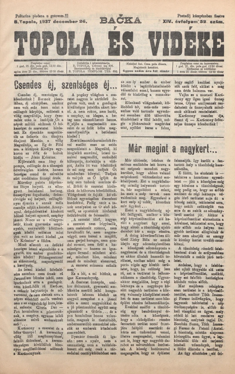 Bačka Topola és Vidéke, 14. évf. 1937. december 26. 52. sz.