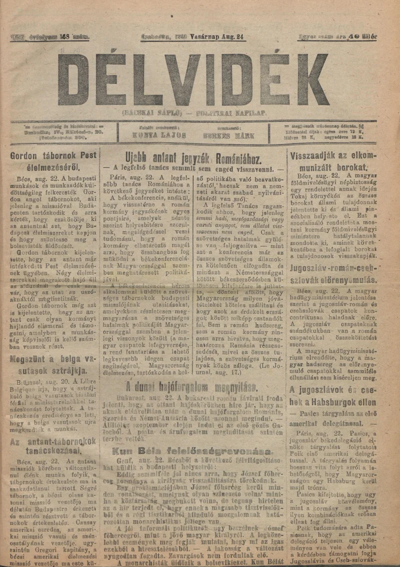 Délvidék, 13. évf. 1919. augusztus 24. 168. sz.