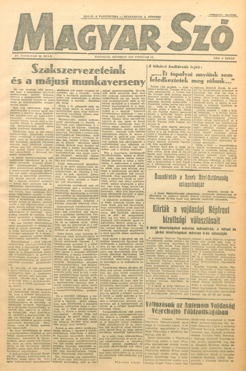 Magyar Szó, 4. évf. 1947. február 15. 39. sz. 1–6. oldal