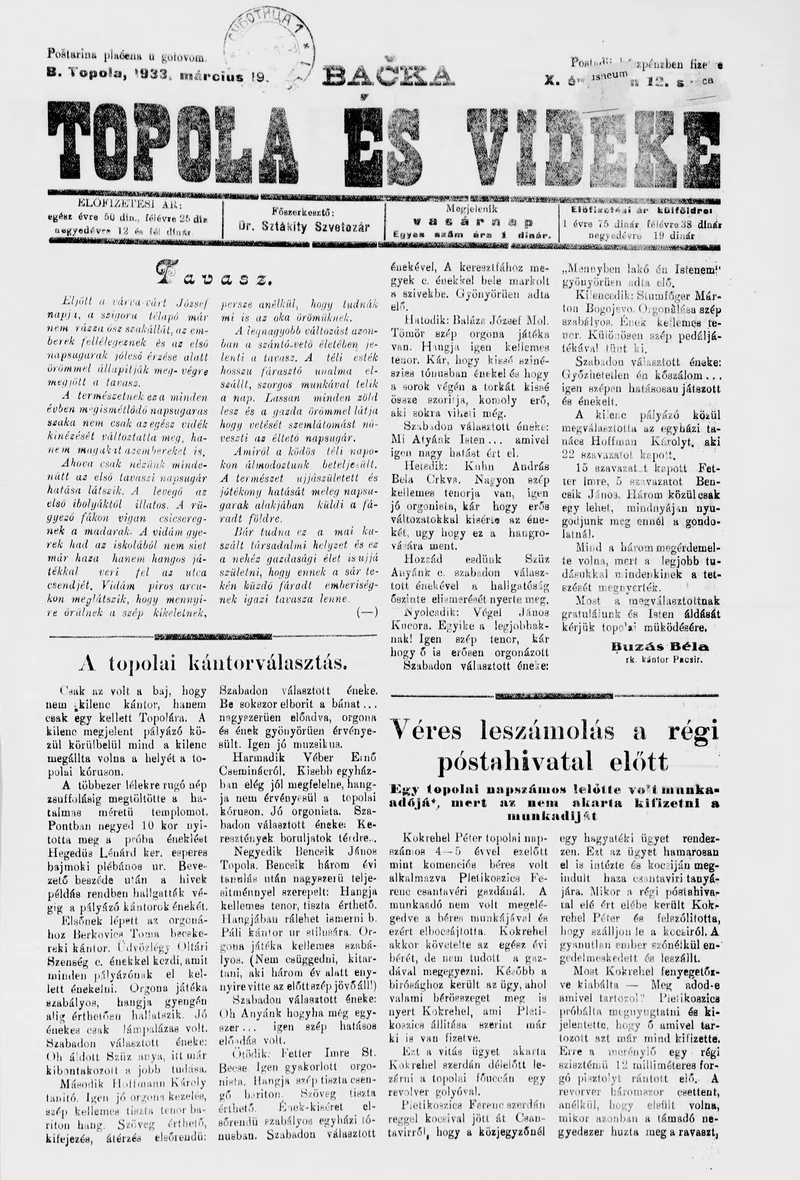 Bačka Topola és Vidéke, 10. évf. 1933. március 19. 12. sz.