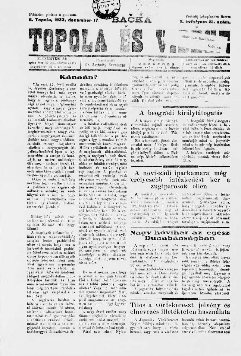 Bačka Topola és Vidéke, 10. évf. 1933. december 17. 51. sz.