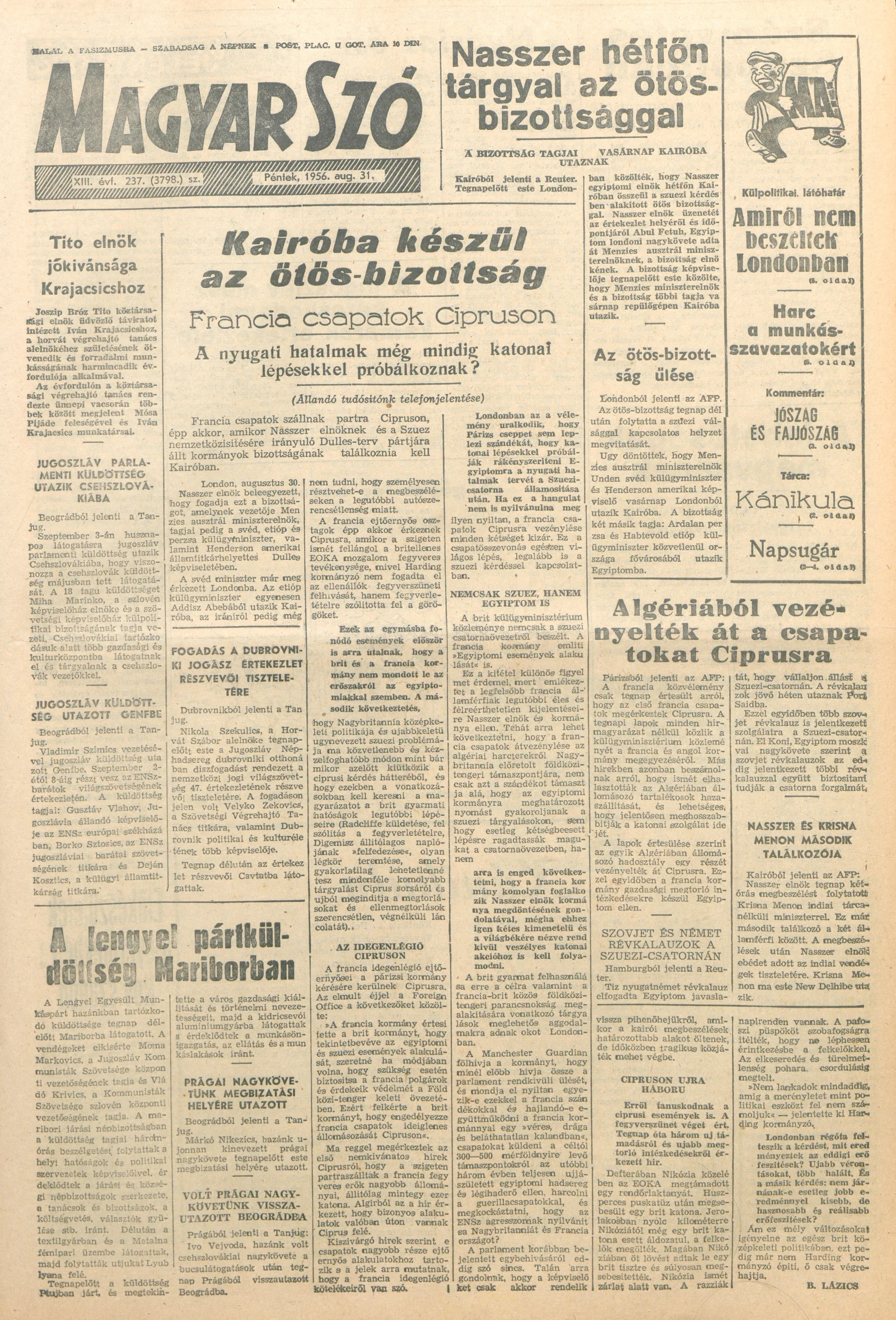 Magyar Szó, 13. évf. 1956. augusztus 31. 237. sz. 1–10. oldal