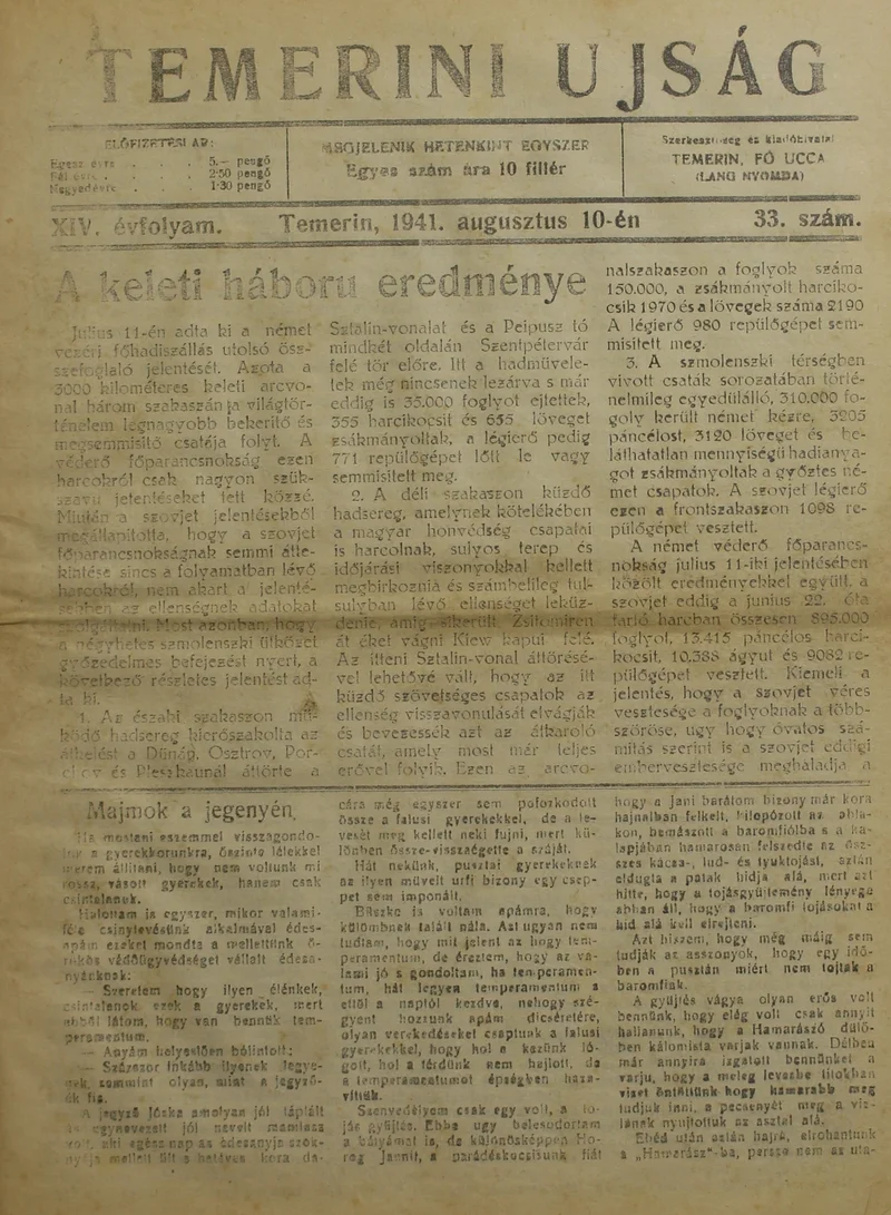 Temerini Újság 1928-1944, 14. évf. 1941. augusztus 10. 33. sz.