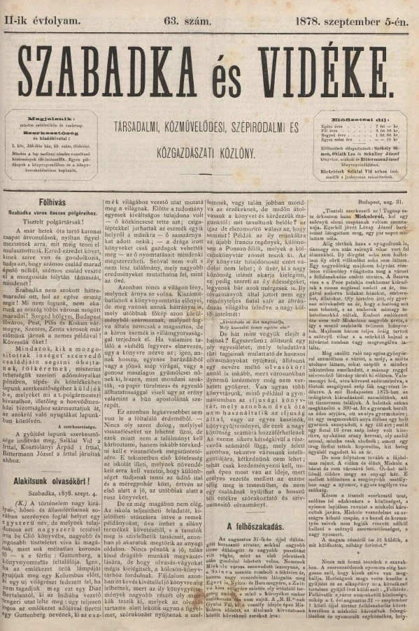 Szabadka és vidéke, 2. évf. 1878. szeptember 5. 63. sz.