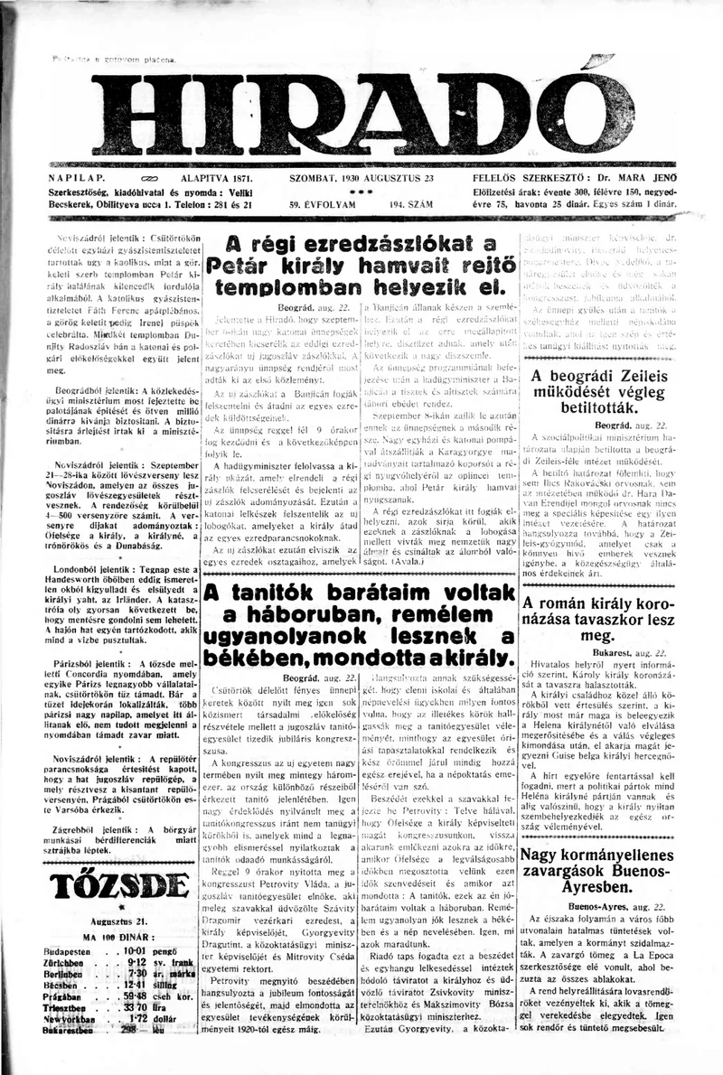 Híradó, 59. évf. 1930. augusztus 23. 194. sz.