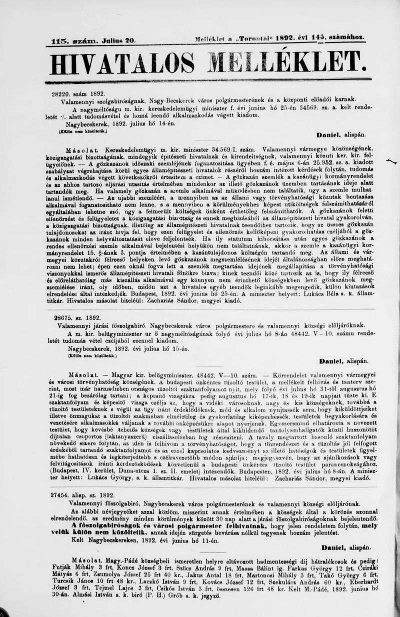A Totontál  hivatalos melléklete, 5. évf. 1892. július 20. 115. sz.