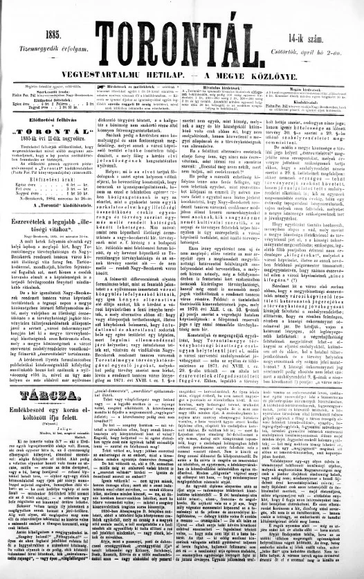 Torontál, 14. évf. 1885. április 2. 14. sz.