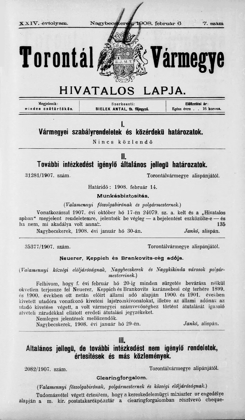 Torontál Vármegye Hivatalos Lapja, 24. évf. 1908. február 6. 7. sz.