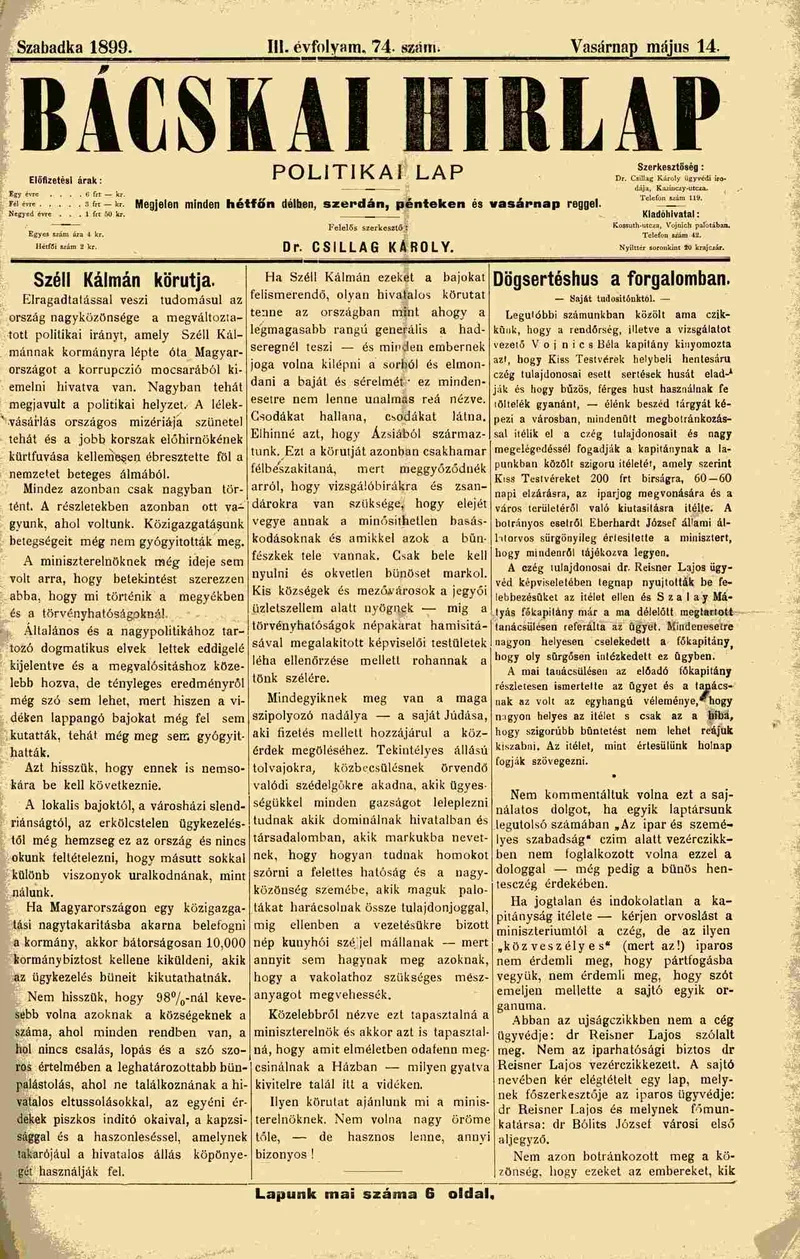 Bácskai Hirlap, 3. évf. 1899. május 14. 74. sz.