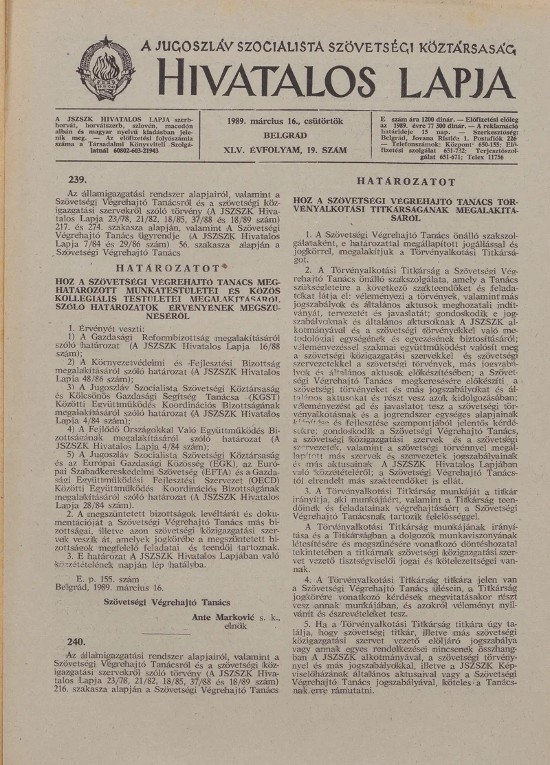 A Jugoszláv Szocialista Szövetségi Köztársaság Hivatalos Lapja, 45. évf. 1989. március 16. 19. sz. 465–468. oldal