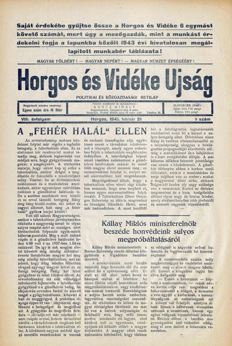 Horgos és vidéke, 8. évf. 1943. február 28. 9. sz.