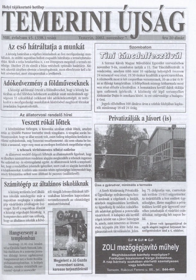 Temerini Újság, 8. évf. 2002. november 7. 45. sz.