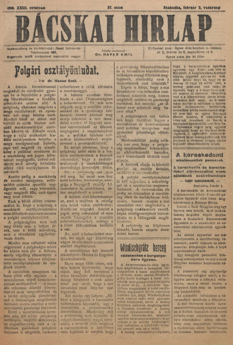Bácskai Hirlap, 23. évf. 1919. február 2. 27. sz.