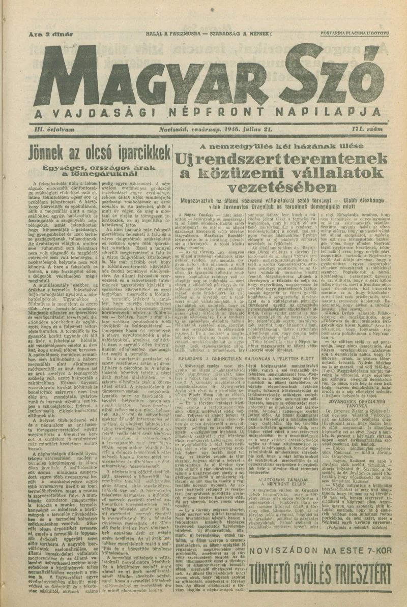 Magyar Szó, 3. évf. 1946. július 21. 171. sz. 1–8. oldal