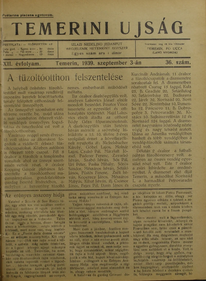 Temerini Újság 1928-1944, 12. évf. 1939. szeptember 3. 36. sz.