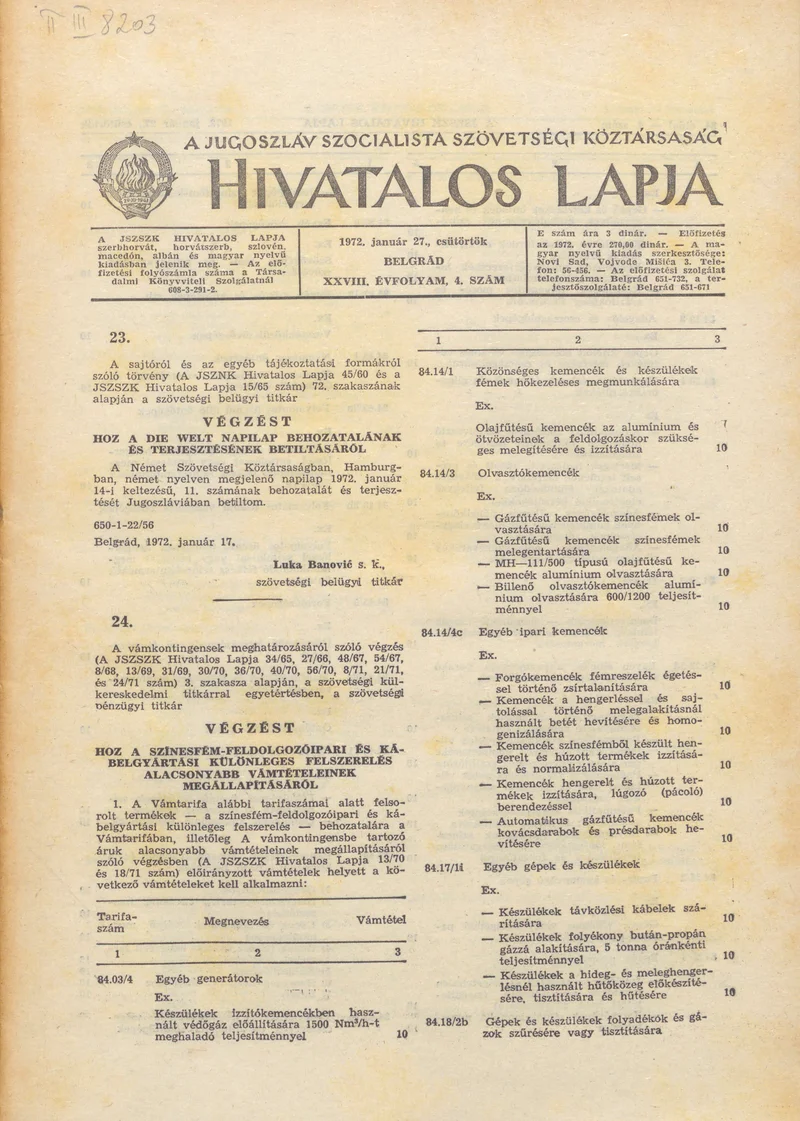 A Jugoszláv Szocialista Szövetségi Köztársaság Hivatalos Lapja, 28. évf. 1972. január 27. 4. sz. 53–64. oldal