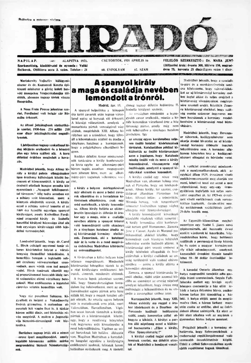 Híradó, 60. évf. 1931. április 16. 87. sz.