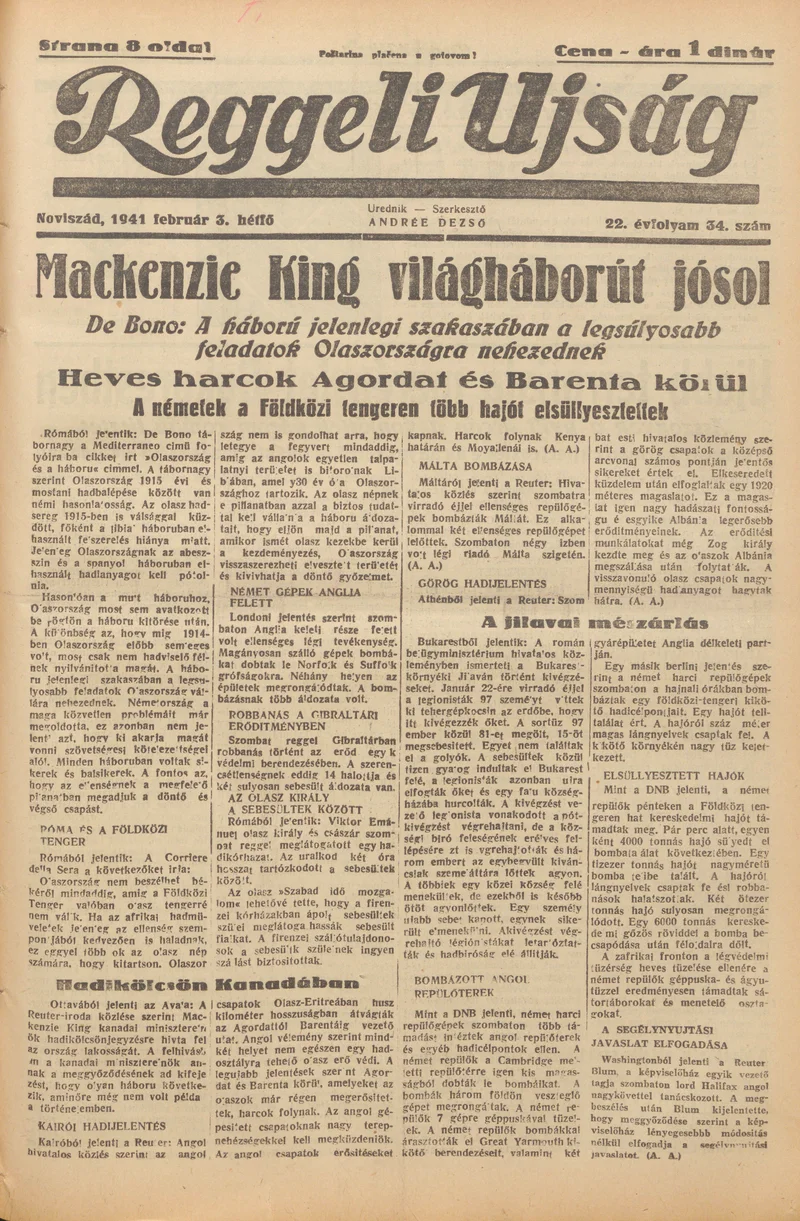 Reggeli Újság, 22. évf. 1941. február 3. 34. sz.