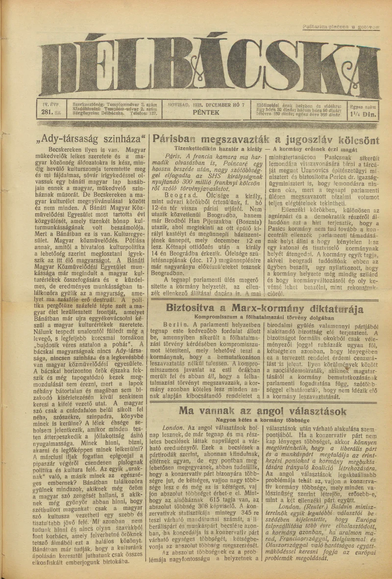 Délbácska, 4. évf. 1923. december 7. 281. sz.