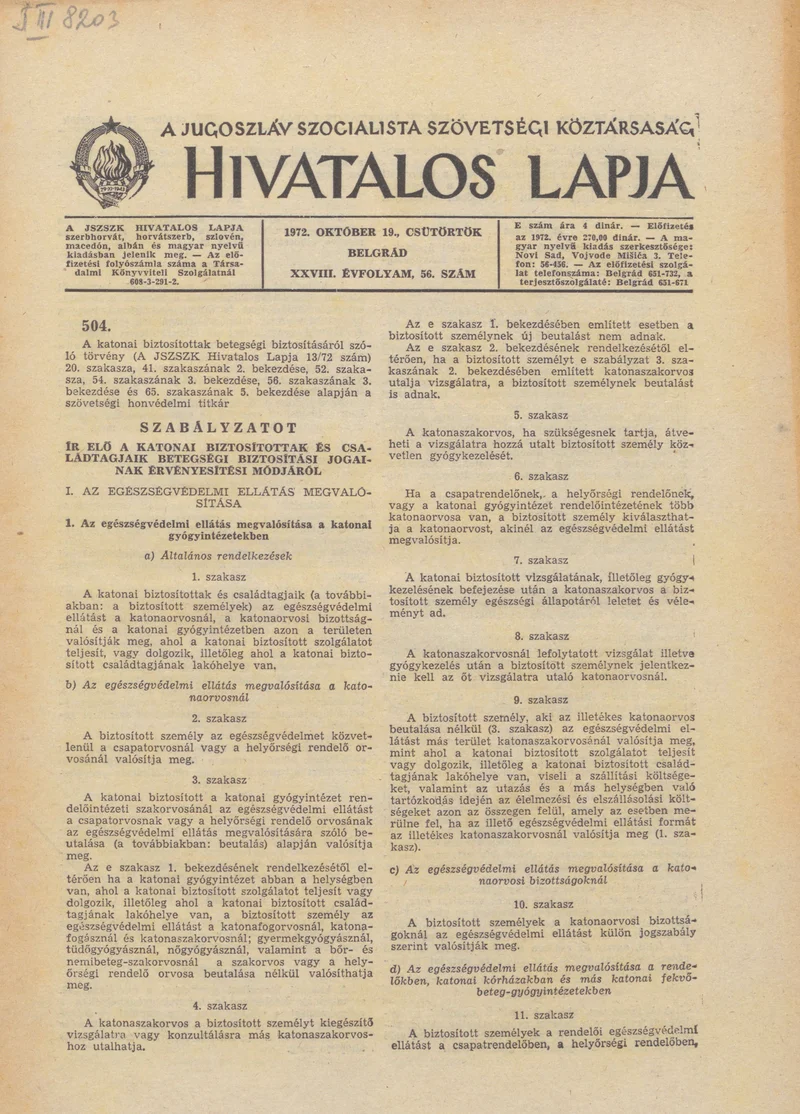 A Jugoszláv Szocialista Szövetségi Köztársaság Hivatalos Lapja, 28. évf. 1972. október 19. 56. sz. 1033–1064. oldal