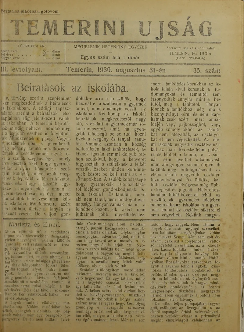 Temerini Újság 1928-1944, 3. évf. 1930. augusztus 31. 35. sz.