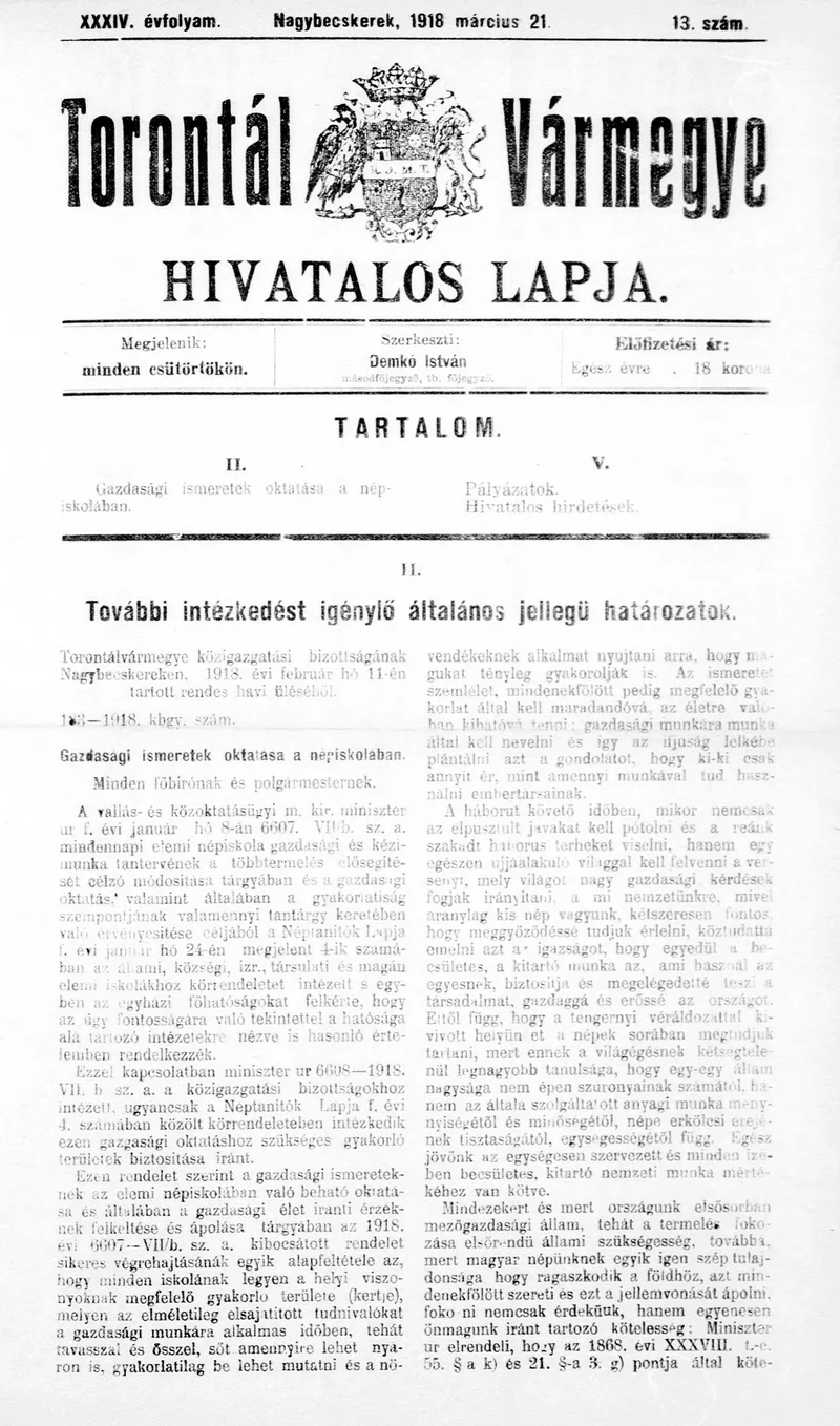 Torontál Vármegye Hivatalos Lapja, 34. évf. 1918. március 21. 13. sz.