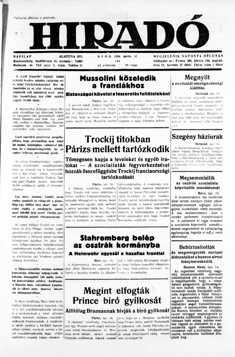 Híradó, 63. évf. 1934. április 17. 89. sz.